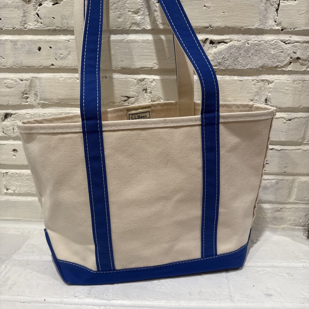 LL Bean Boat & Tote Bag Made In USA Cream / Navy Blue Trim Canvas 1990's